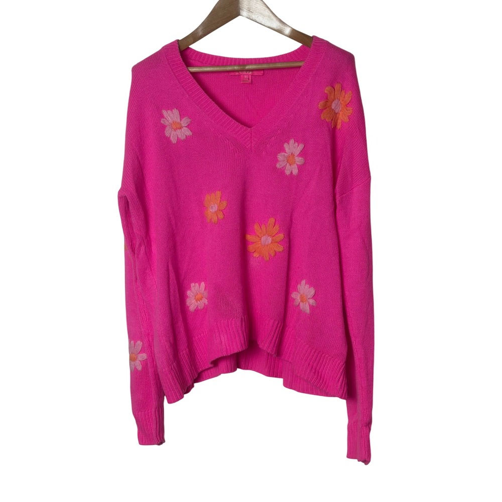 Lilly Pulitzer Pink Daisy Embroidered V-Neck Sweater Small Floral Knit Top